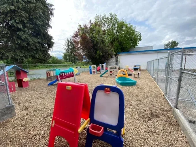Two child-sized easels in the yard, with slides and playhouses behind them under a big sky.